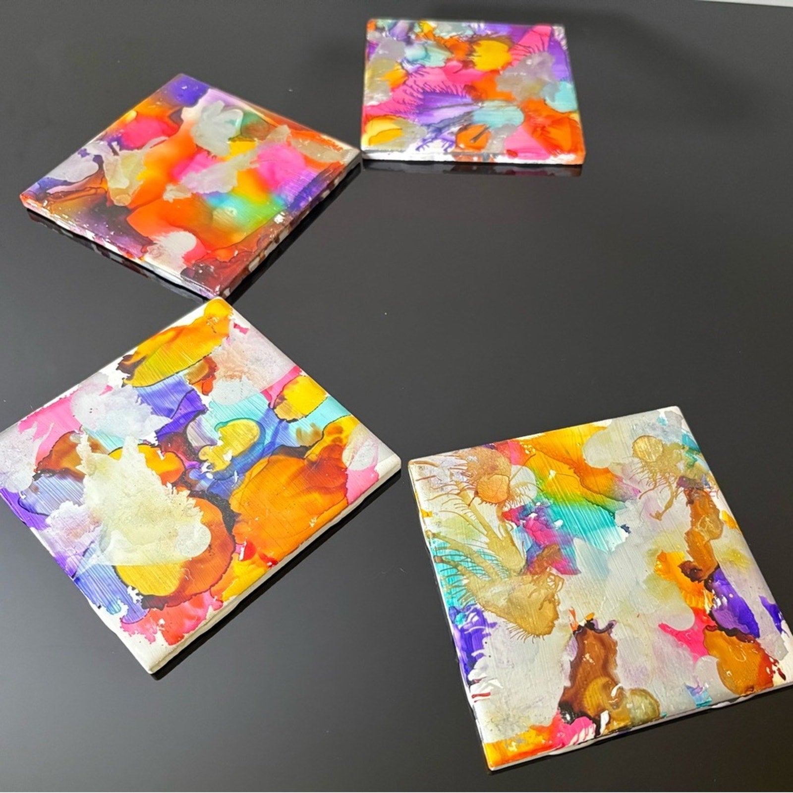 🎨 Handmade Abstract Alcohol Ink Coaster Set – Vibrant Colorful Art – Set of 4 🎨