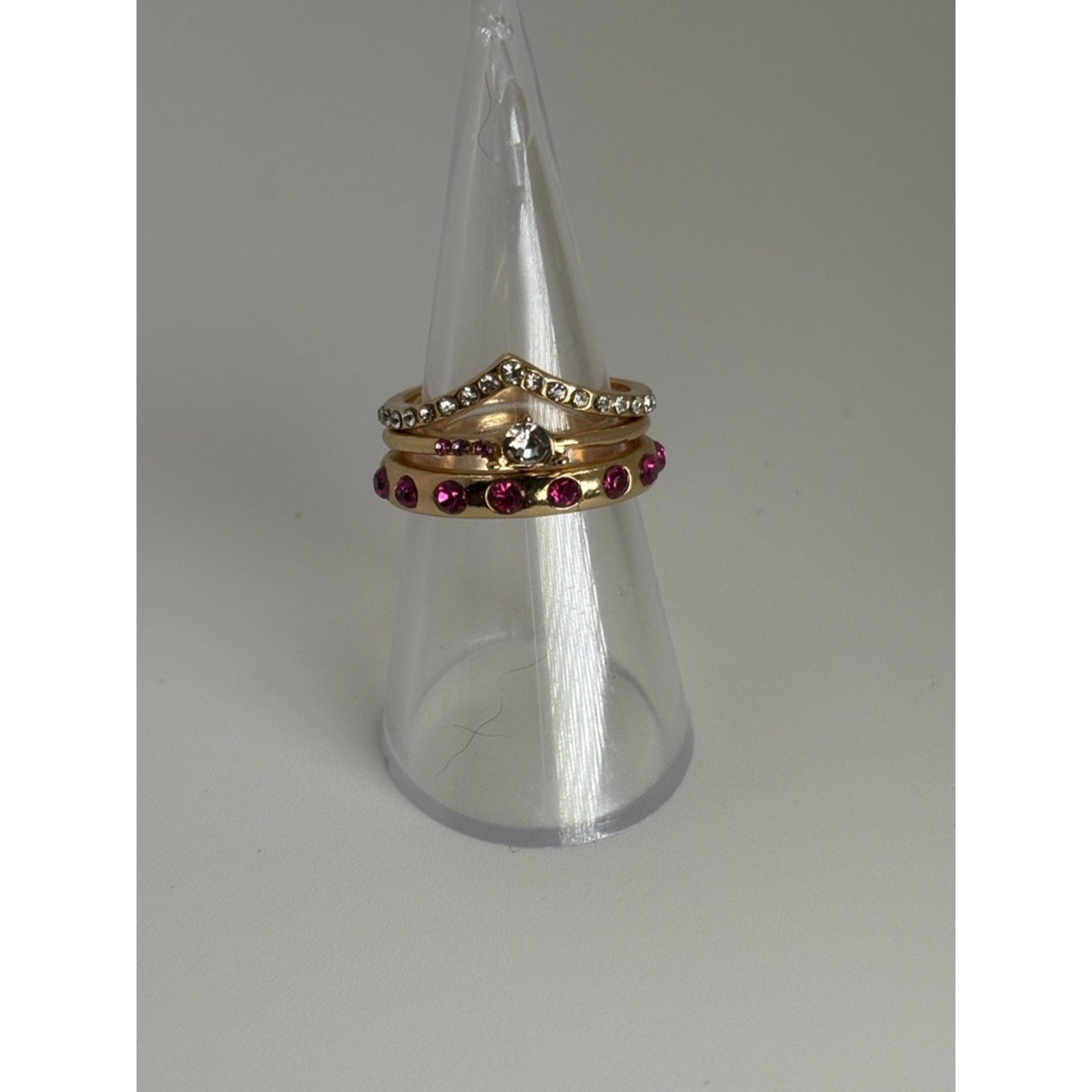 Gold Stacked Ring Set with Clear and Pink Stones