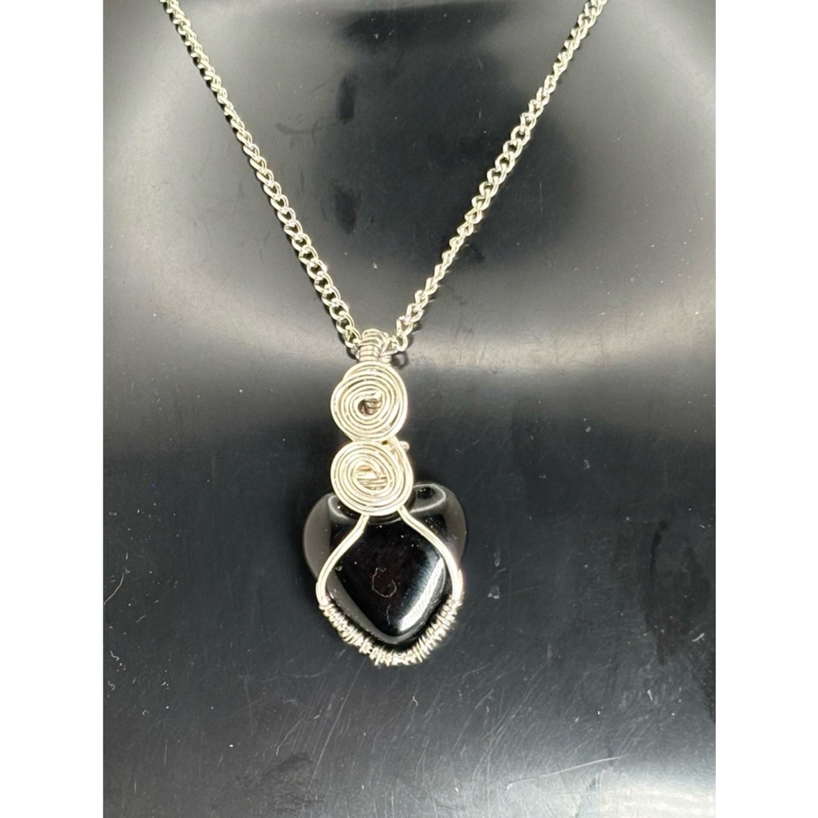 Black Tourmaline Heart Necklace • Hand Wire Wrapped Spiral Design 12 inch chain