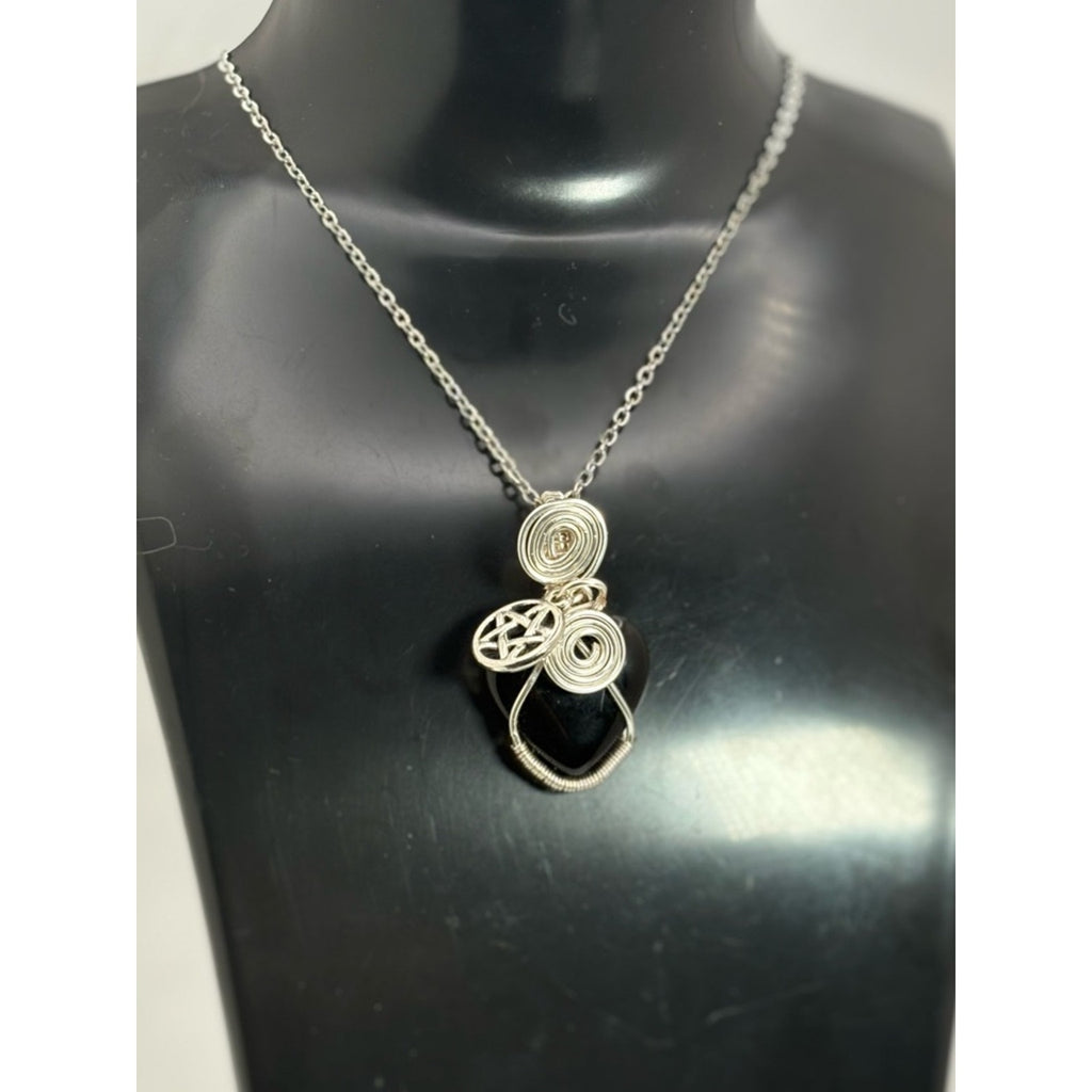 Wire Wrapped Black Tourmaline Heart Necklace w/ Pentacle Charm