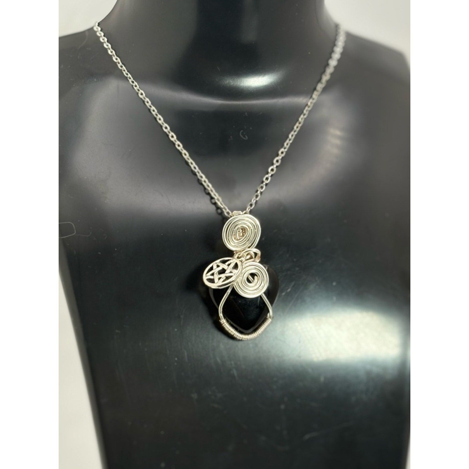 Wire Wrapped Black Tourmaline Heart Necklace w/ Pentacle Charm