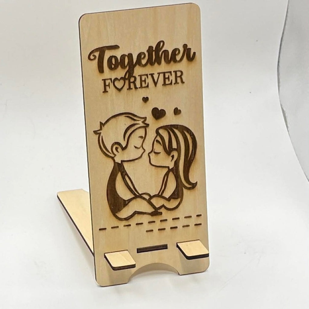 📱💞 Laser Engraved Wooden Phone Stand – “Together Forever”