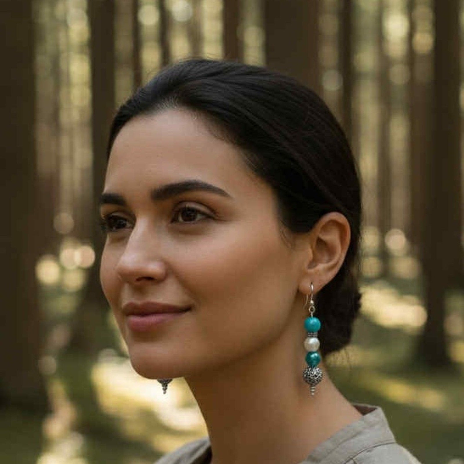 Boho Turquoise & Silver Beaded Dangle Earrings — NEW WITHOUT tag 🔖