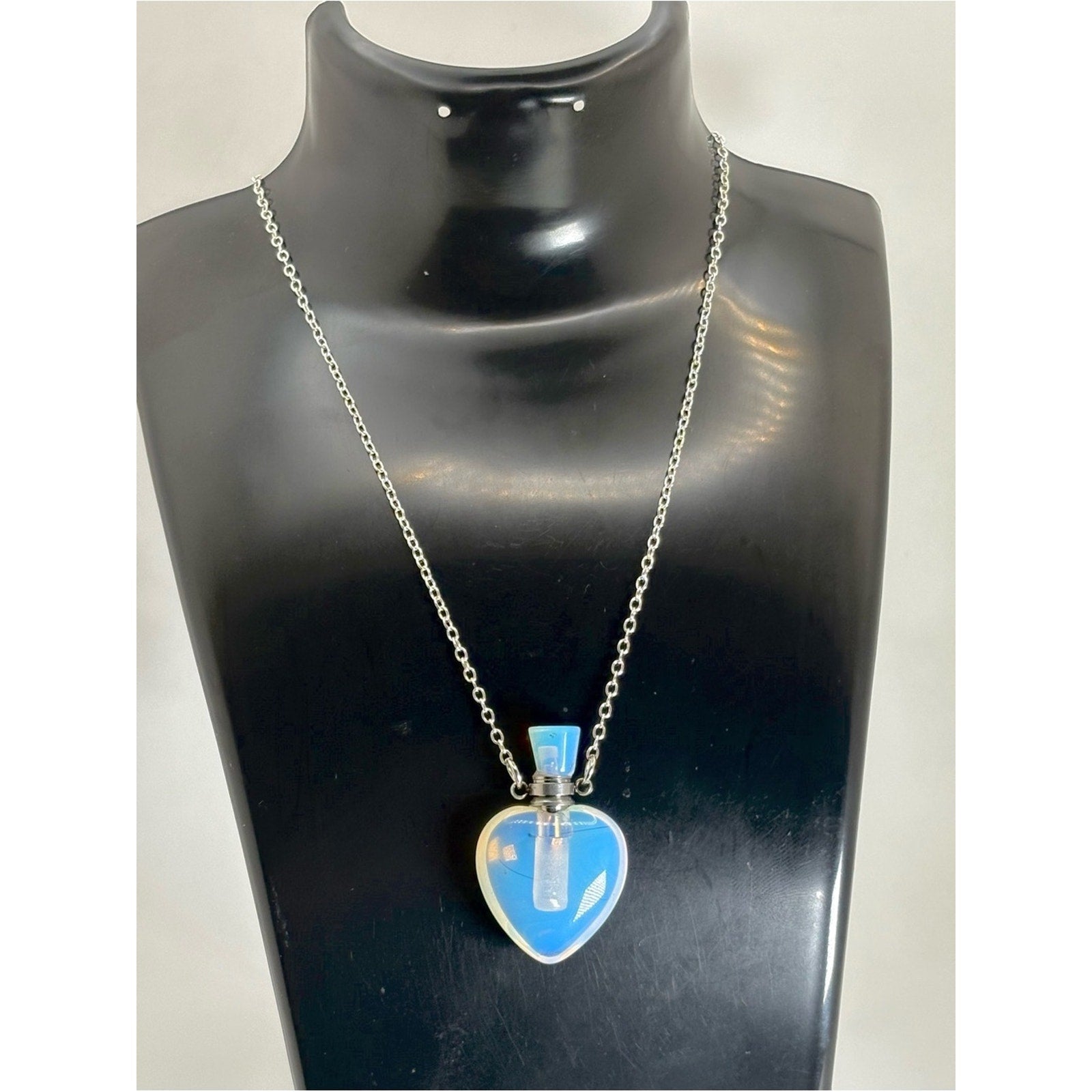 Opalite Heart Perfume Bottle Pendant Necklace | Silver Tone Chain