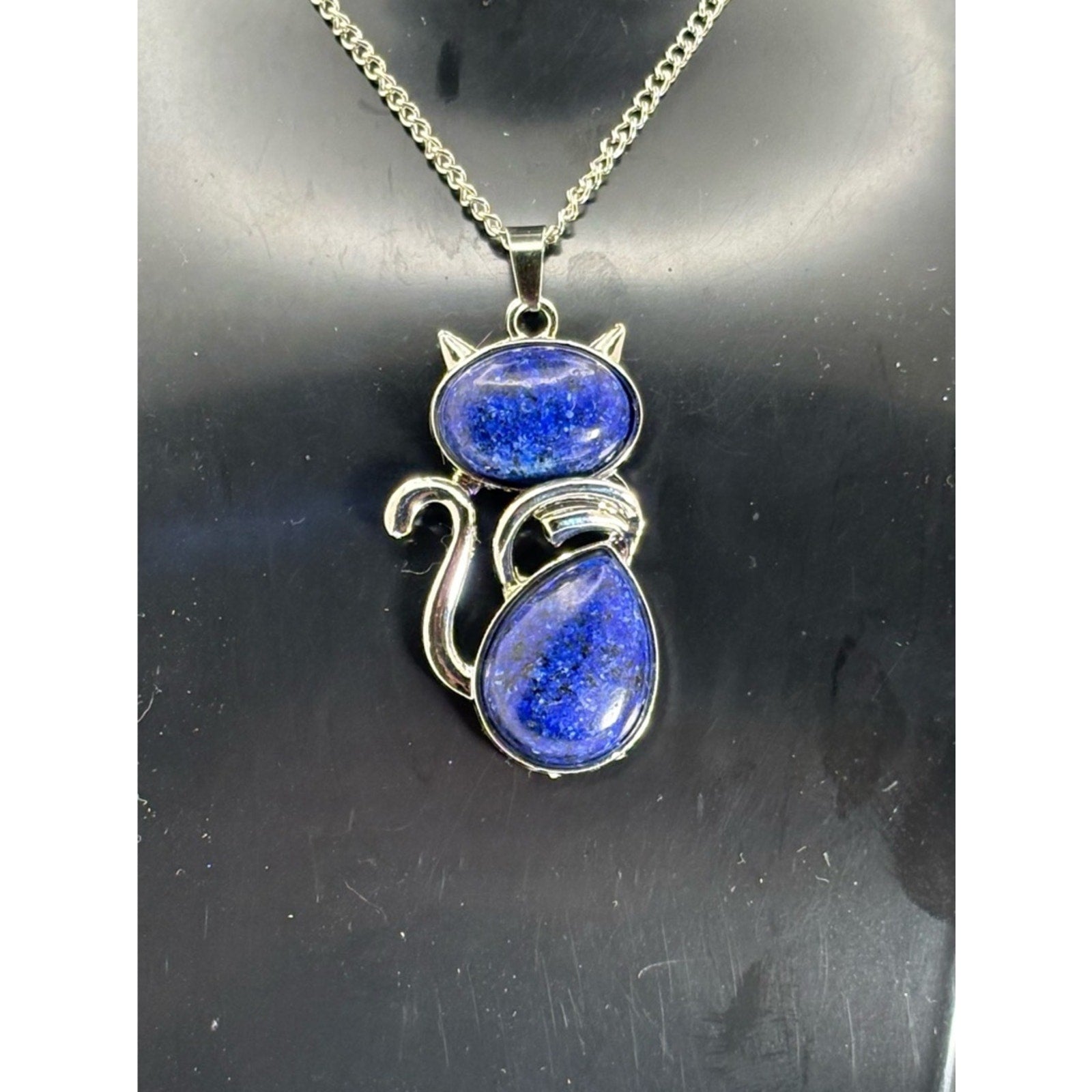 Lapis Lazuli Cat Necklace • Silver-Tone Cat Pendant