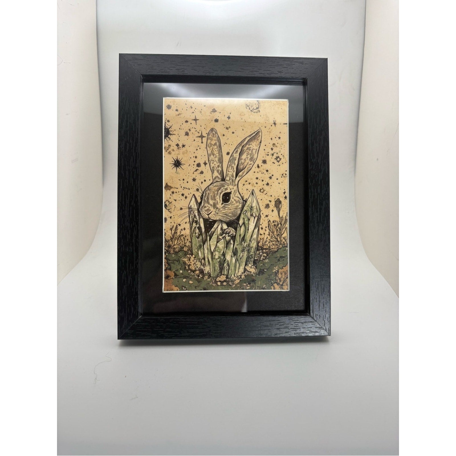 Mystical Crystal Bunny Art Print – Framed 5x7 Witchy Woodland Decor