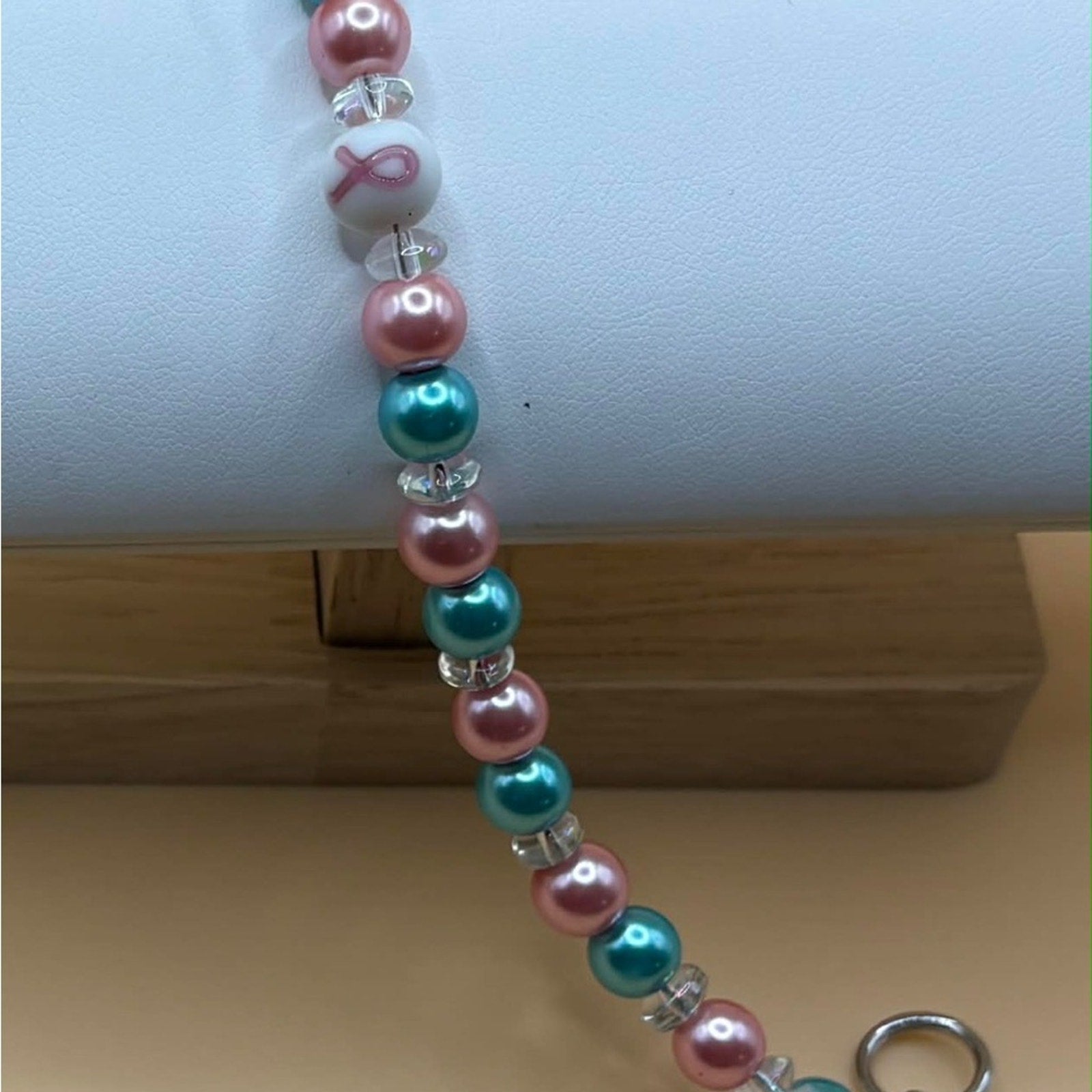 Handmade Teal & Pink Beaded Bracelet with “Hope” Charm