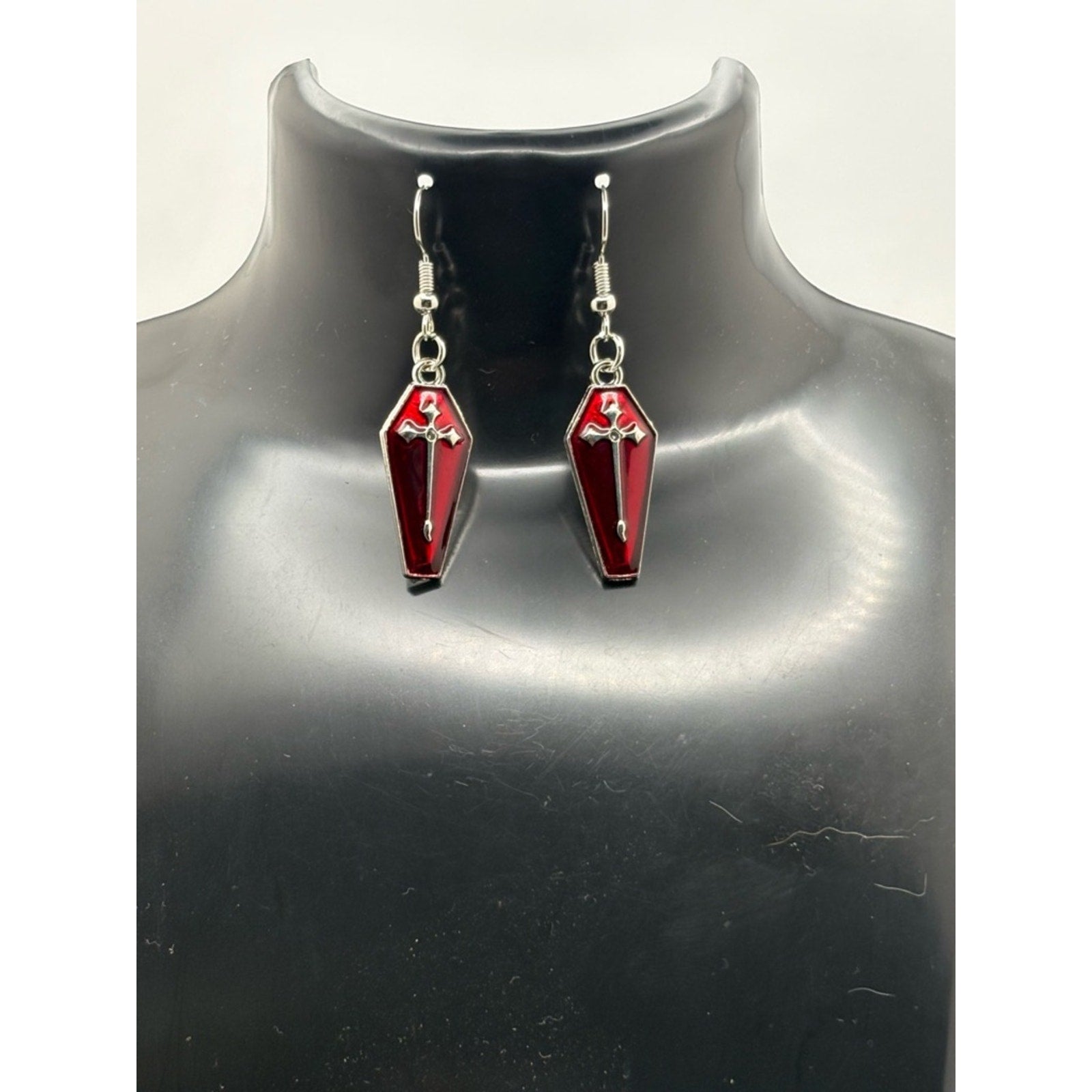 Gothic Red Coffin Cross Earrings | Vampire Goth Dangle