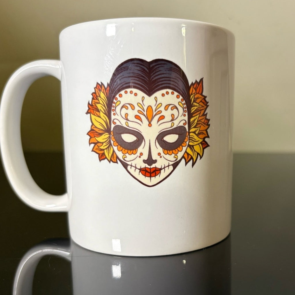☕️ Day of the Dead / Sugar Skull Mug – Red Hair Floral Design – 11oz 🌺💀