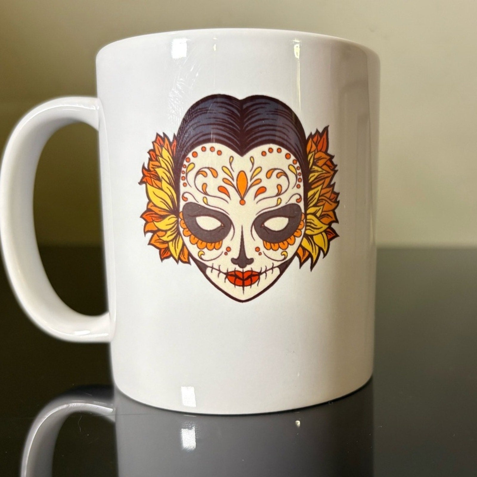 ☕️ Day of the Dead / Sugar Skull Mug – Red Hair Floral Design – 11oz 🌺💀