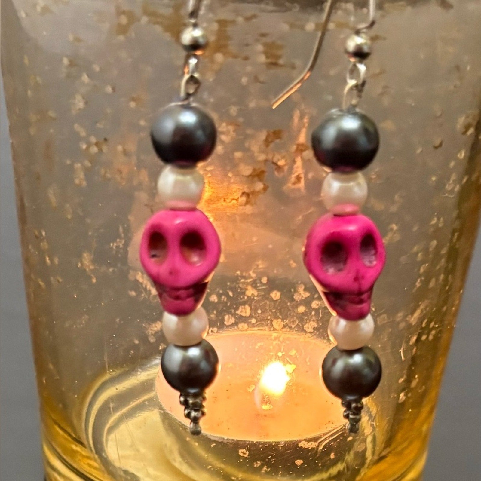 Handmade Pink Skull Beaded Earrings – Gothic, Punk, Alt Style