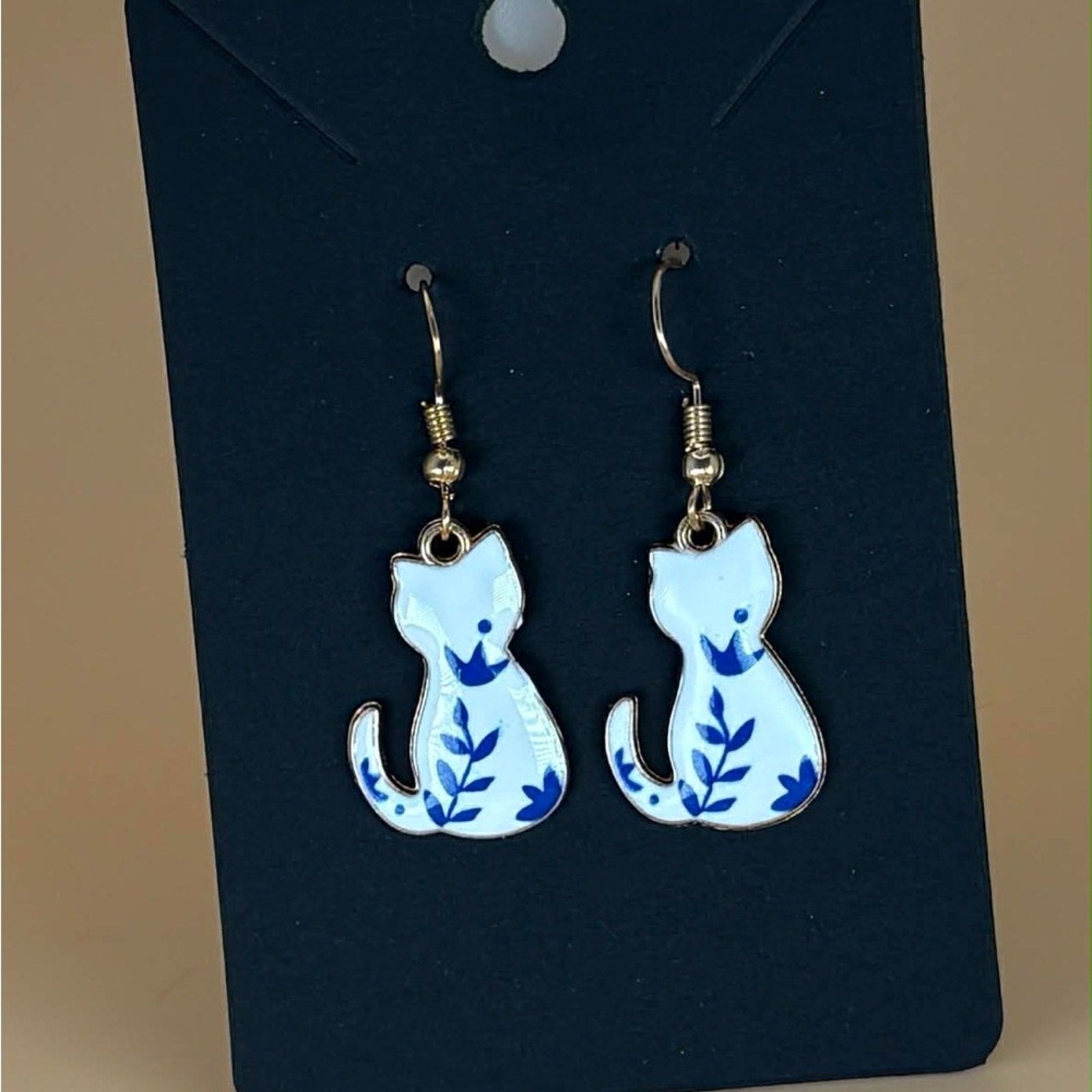 Blue & White Cat Dangle Earrings | Porcelain-Style Charm