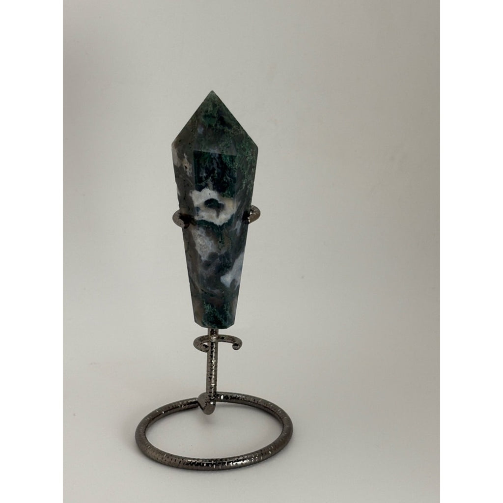 Polished Moss Agate Crystal Point on Metal Stand - Green & Gray