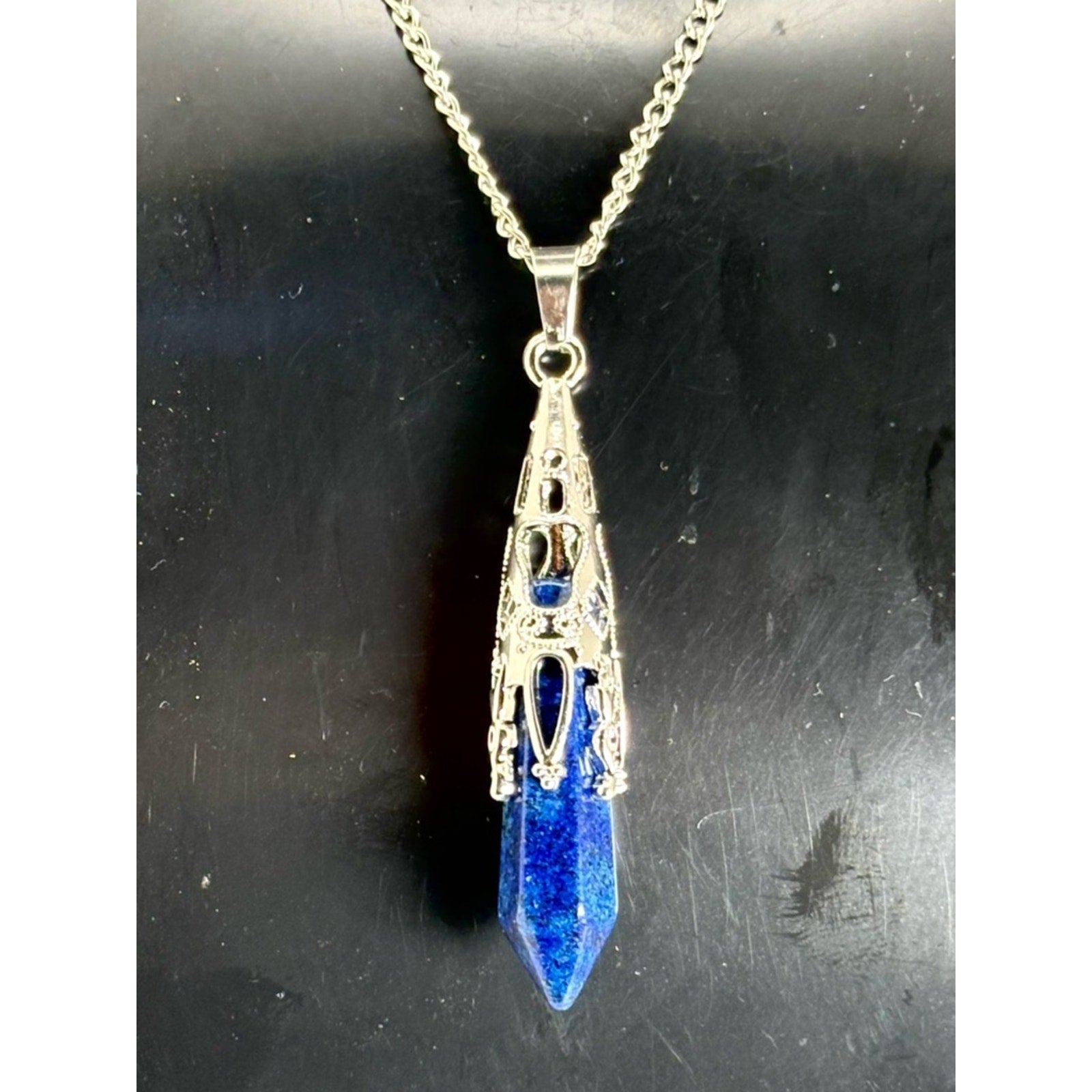 Lapis Lazuli Point Necklace • Ornate Silver-Tone Setting