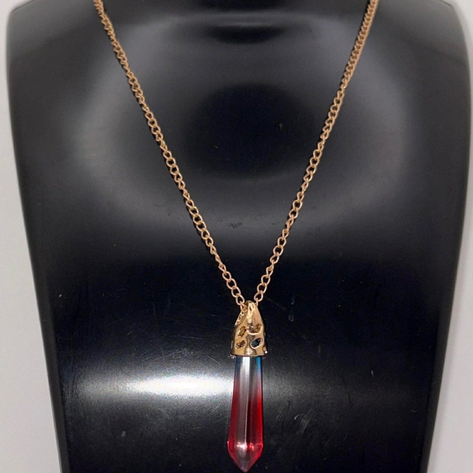 Gold Tone Chain Necklace with Red Ombre Crystal Point Pendant