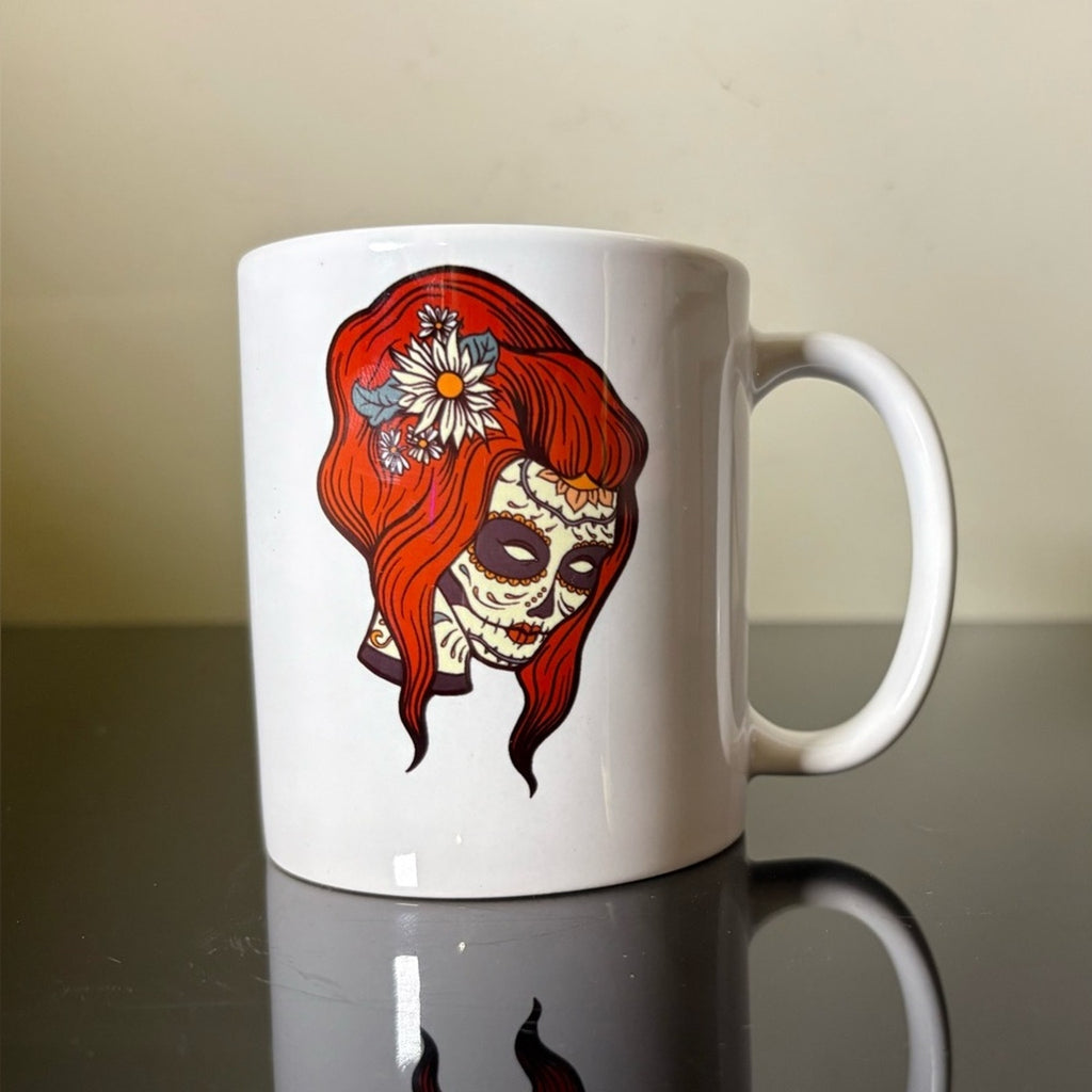 ☕️ Day of the Dead / Sugar Skull Mug – Red Hair Floral Design – 11oz 🌺💀
