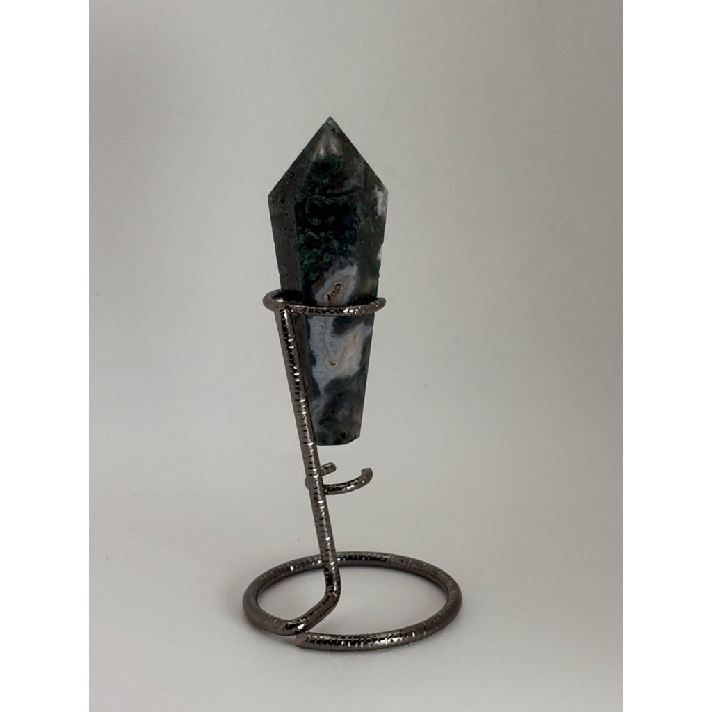 Polished Moss Agate Crystal Point on Metal Stand - Green & Gray