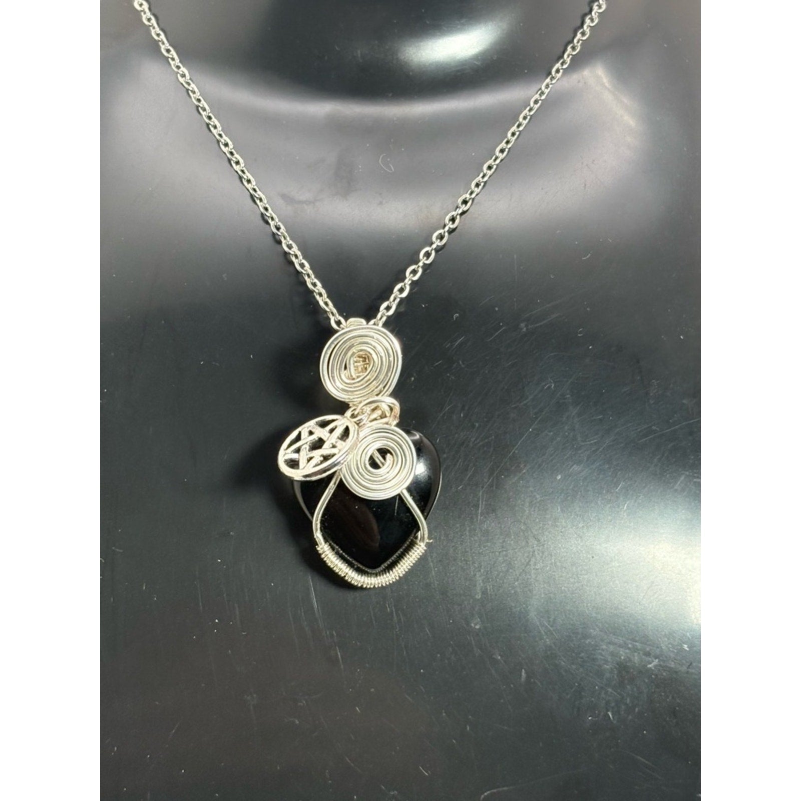 Wire Wrapped Black Tourmaline Heart Necklace w/ Pentacle Charm