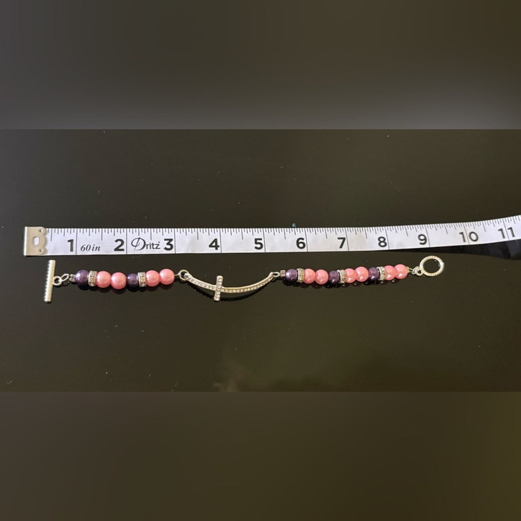 Handmade Pink & Purple Beaded Cross Bracelet — NEW WITHOUT TAG 🏷️