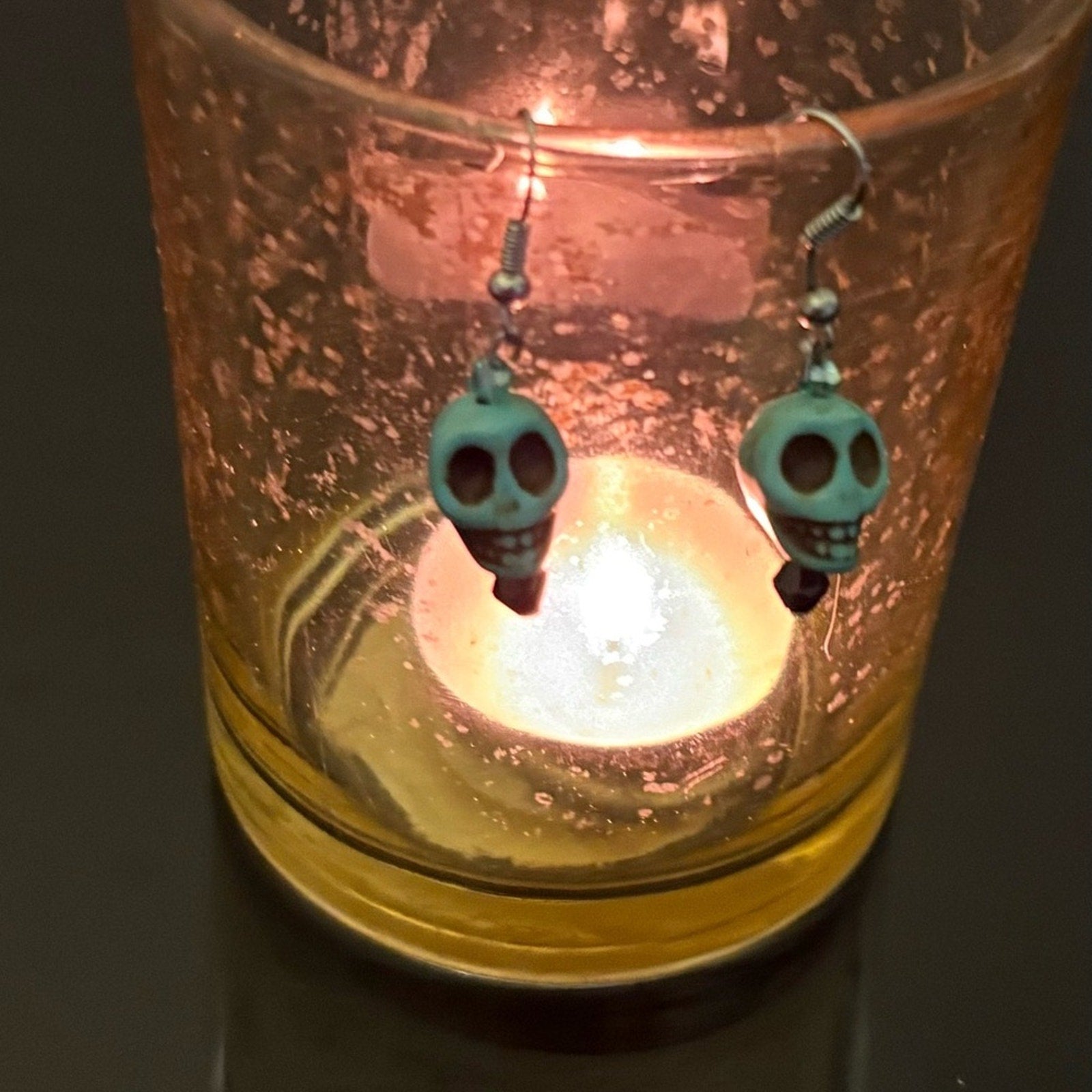 Handmade Turquoise Skull Dangle Earrings – Gothic, Boho, Alt Style
