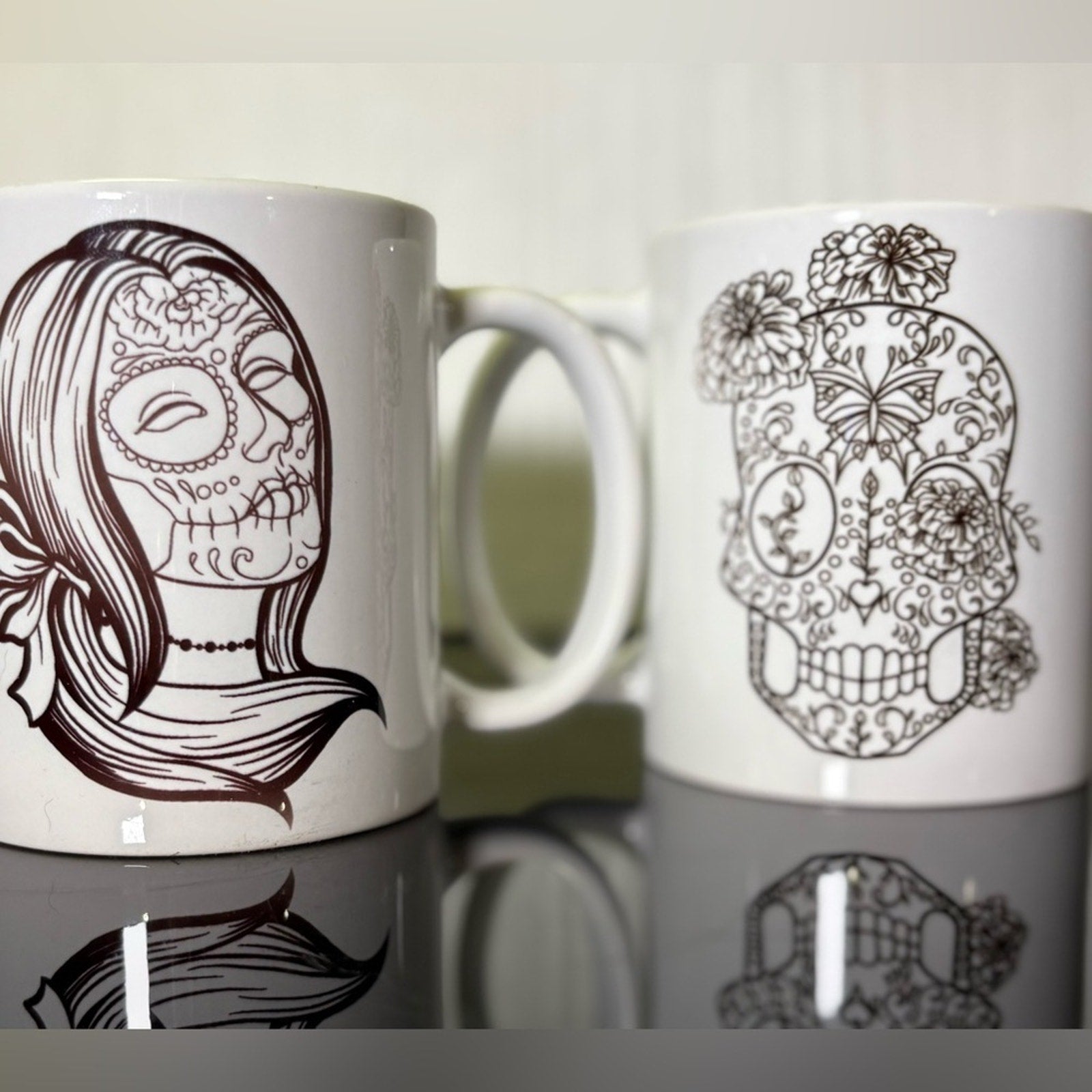 ☕️💀 Sugar Skull / Day of the Dead Mugs – Black Line Art – 11oz 💀☕️