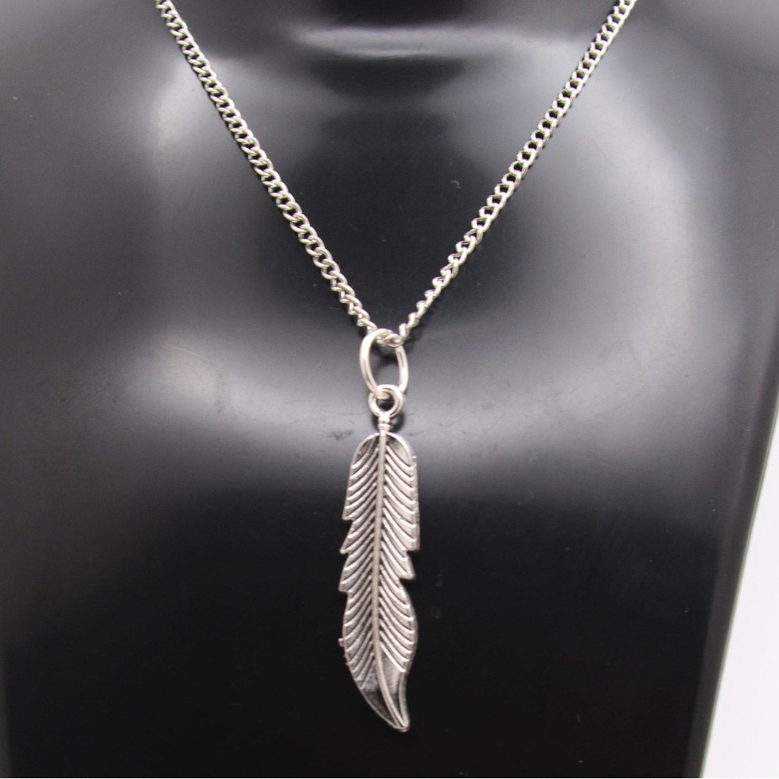 Silver Tone Feather Pendant Necklace