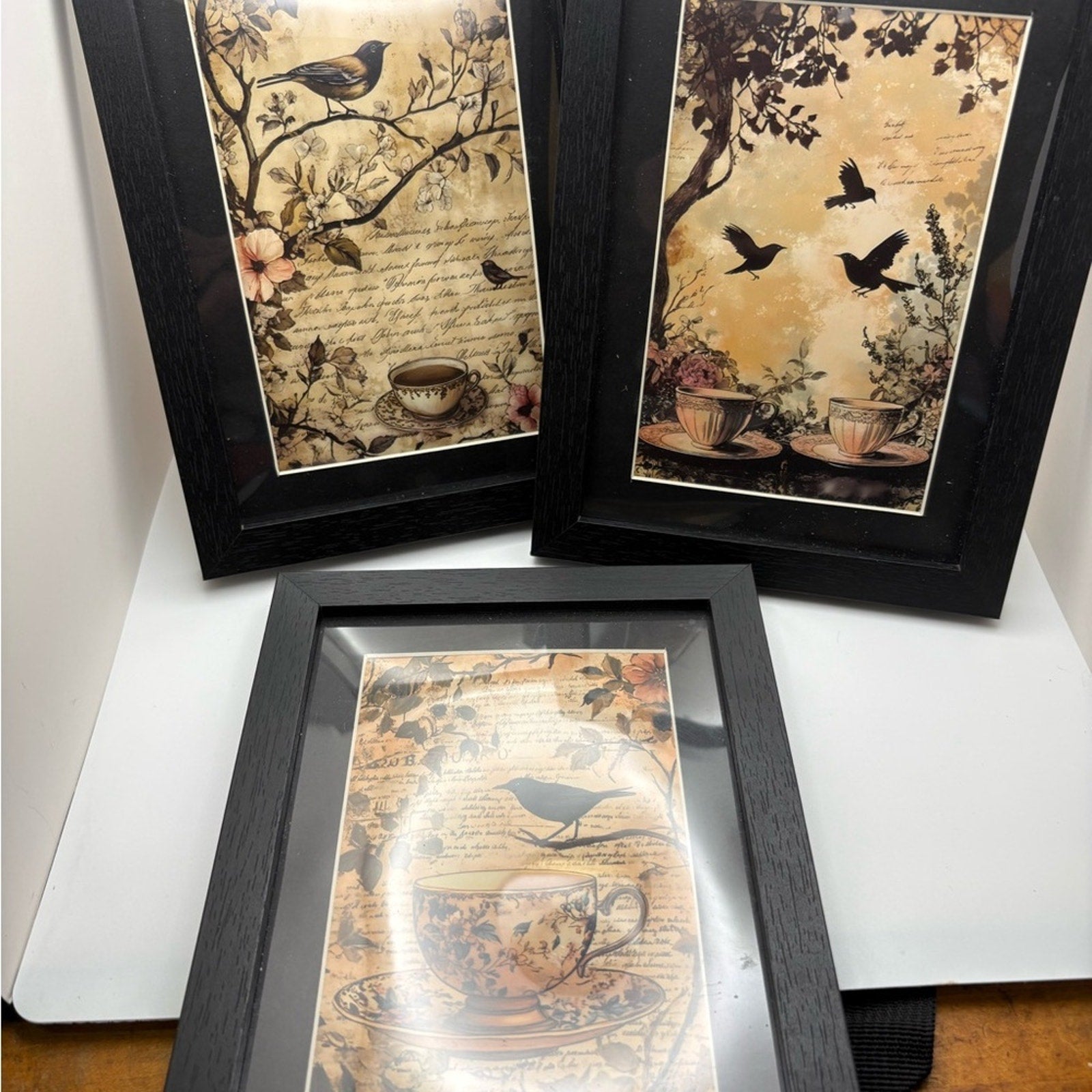✨ Set of 3 Framed Vintage Bird & Teacup Art Prints – 5x7 ✨