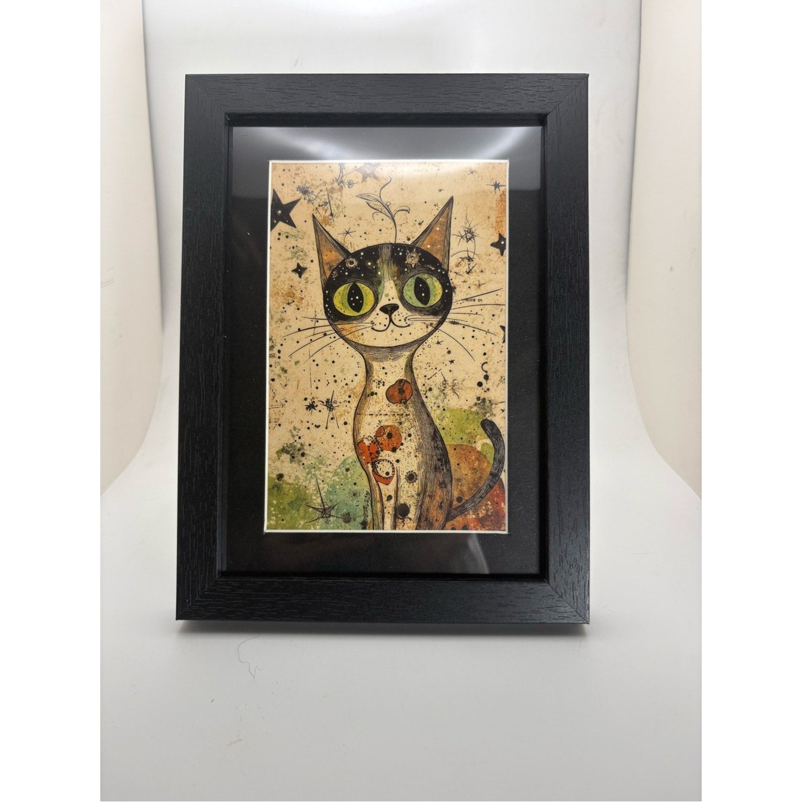 Whimsical Black Cat Art Print – Framed 5x7 Witchy Cat Decor