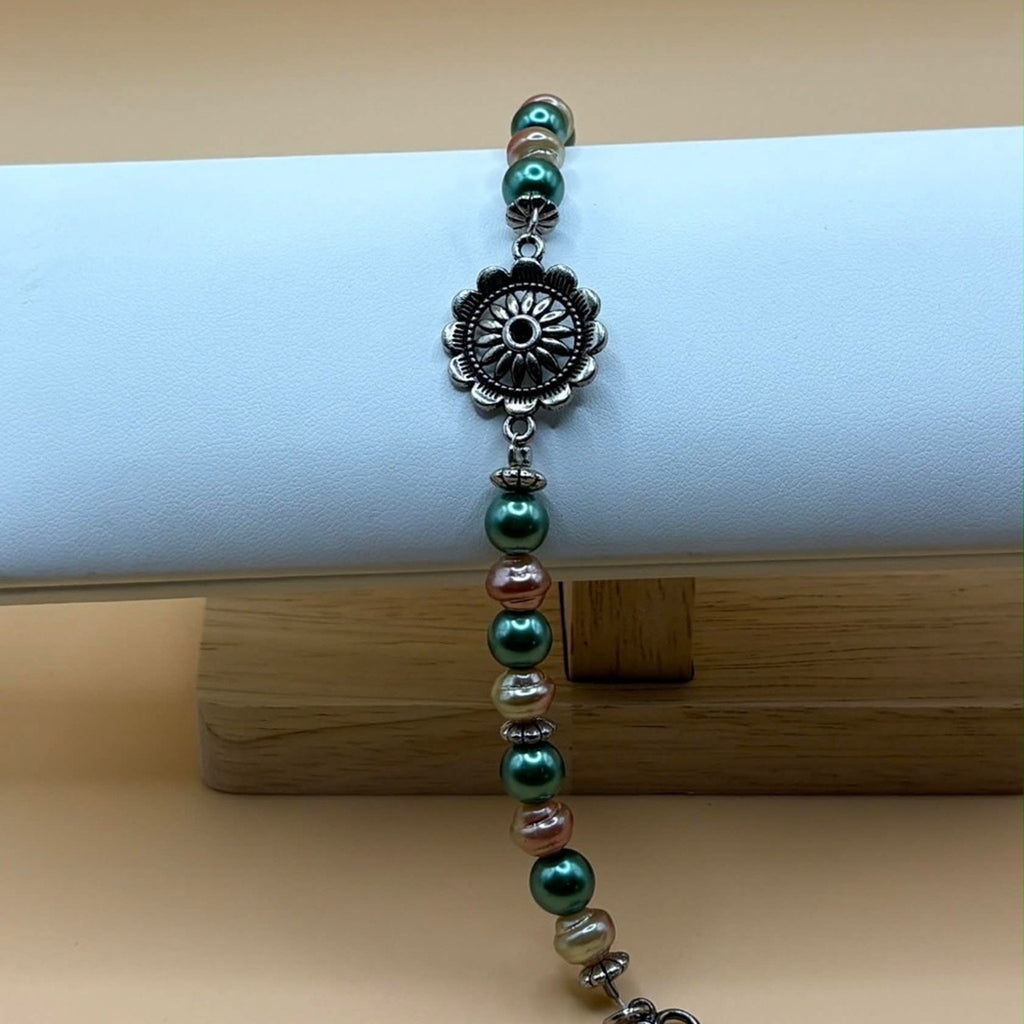 Handmade Teal & Pink Beaded Bracelet with Floral Centerpiece & Heart Charm