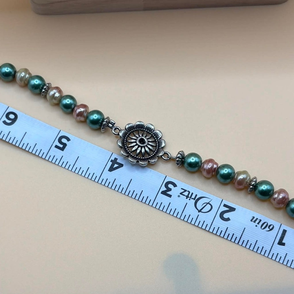 Handmade Teal & Pink Beaded Bracelet with Floral Centerpiece & Heart Charm
