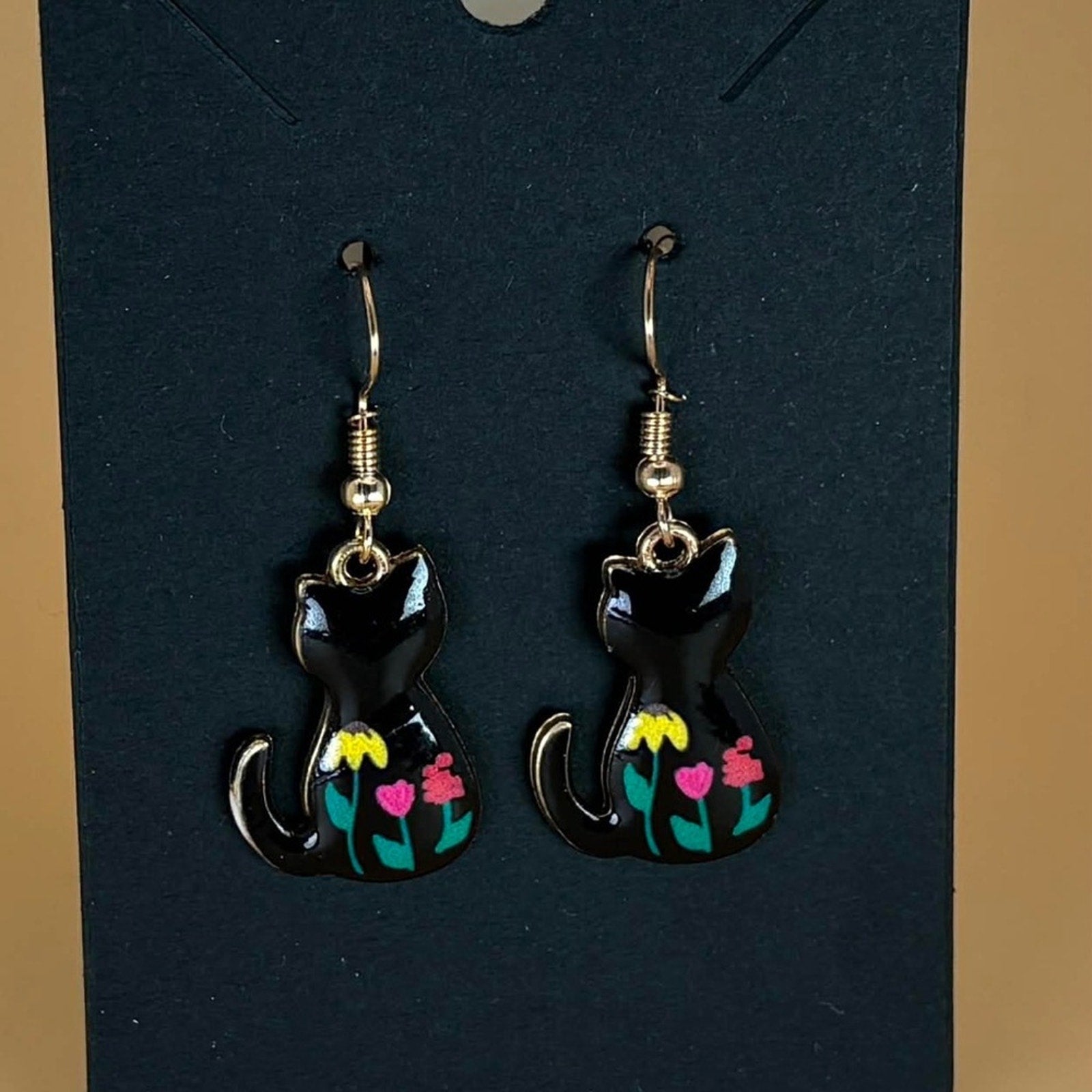 🐈‍⬛ Black Cat Floral Dangle Earrings | Whimsical Cottagecore Style🐈‍⬛