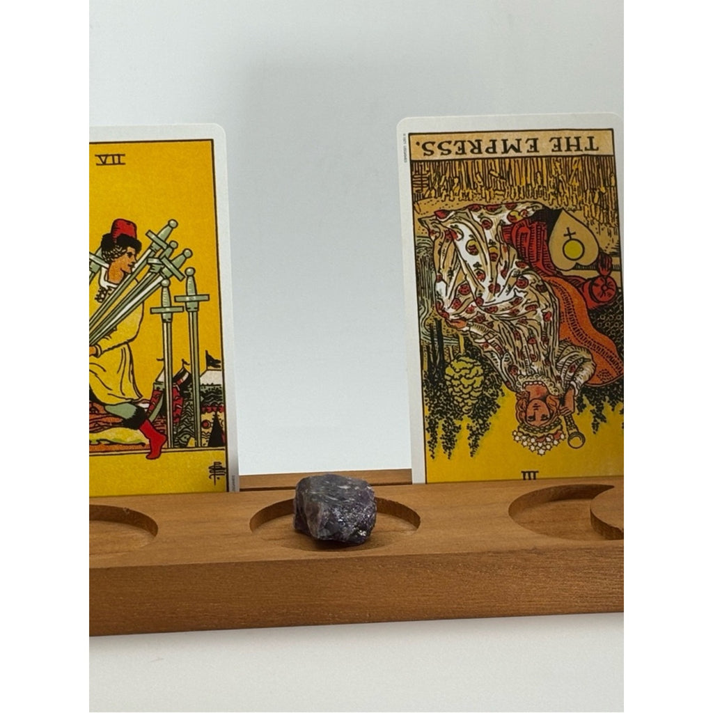 Triple Moon Tarot Card Holder • Crystal & Candle Altar Stand • Wooden Display