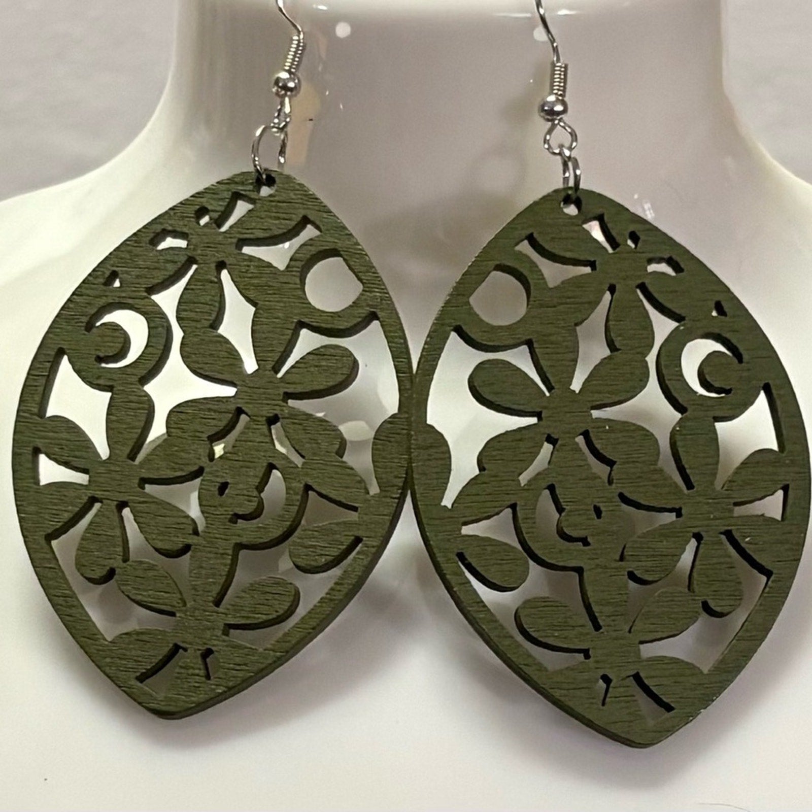Olive Green Wooden Filigree Teardrop Earrings
