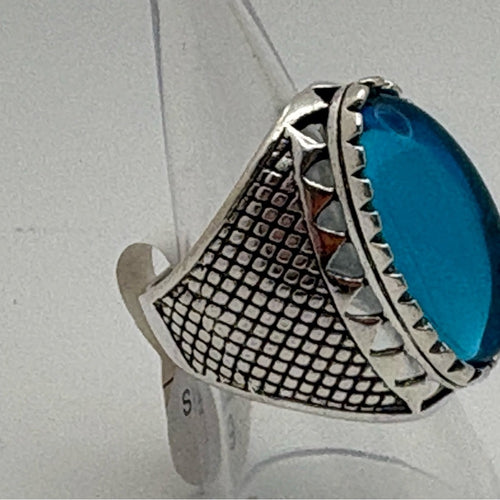Blue Stone Statement Costume Ring – Silver Tone