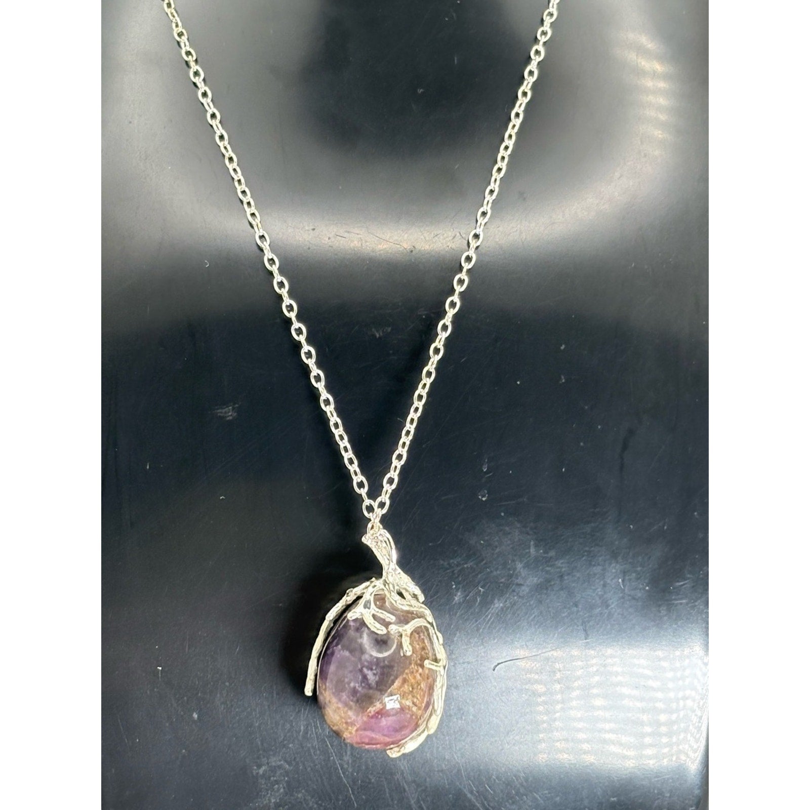 Amethyst Branch-Wrapped Pendant Necklace | 12” Silver Tone Chain