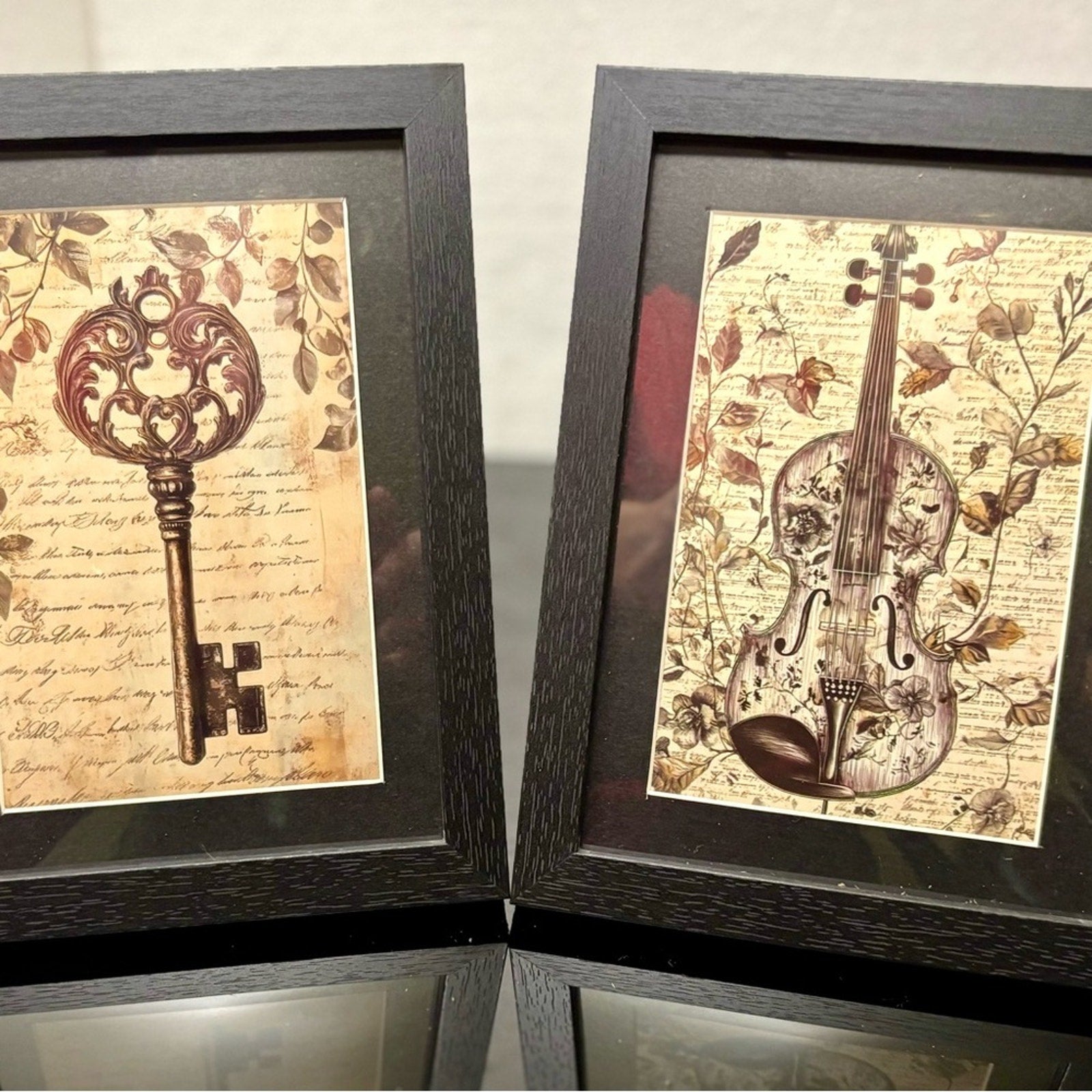 Set of 2 Framed 5x7 Vintage-Style Art Prints – Ornate Key & Violin 🎻 🗝️