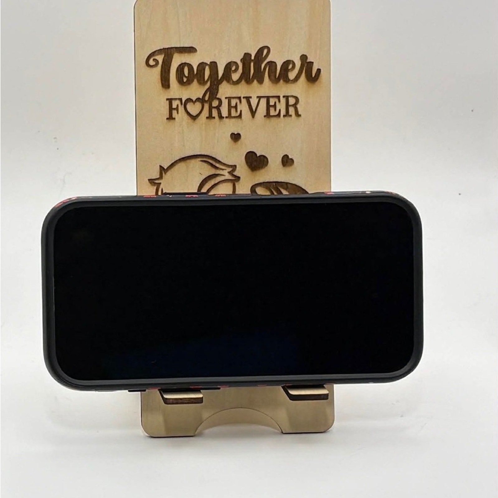 📱💞 Laser Engraved Wooden Phone Stand – “Together Forever”