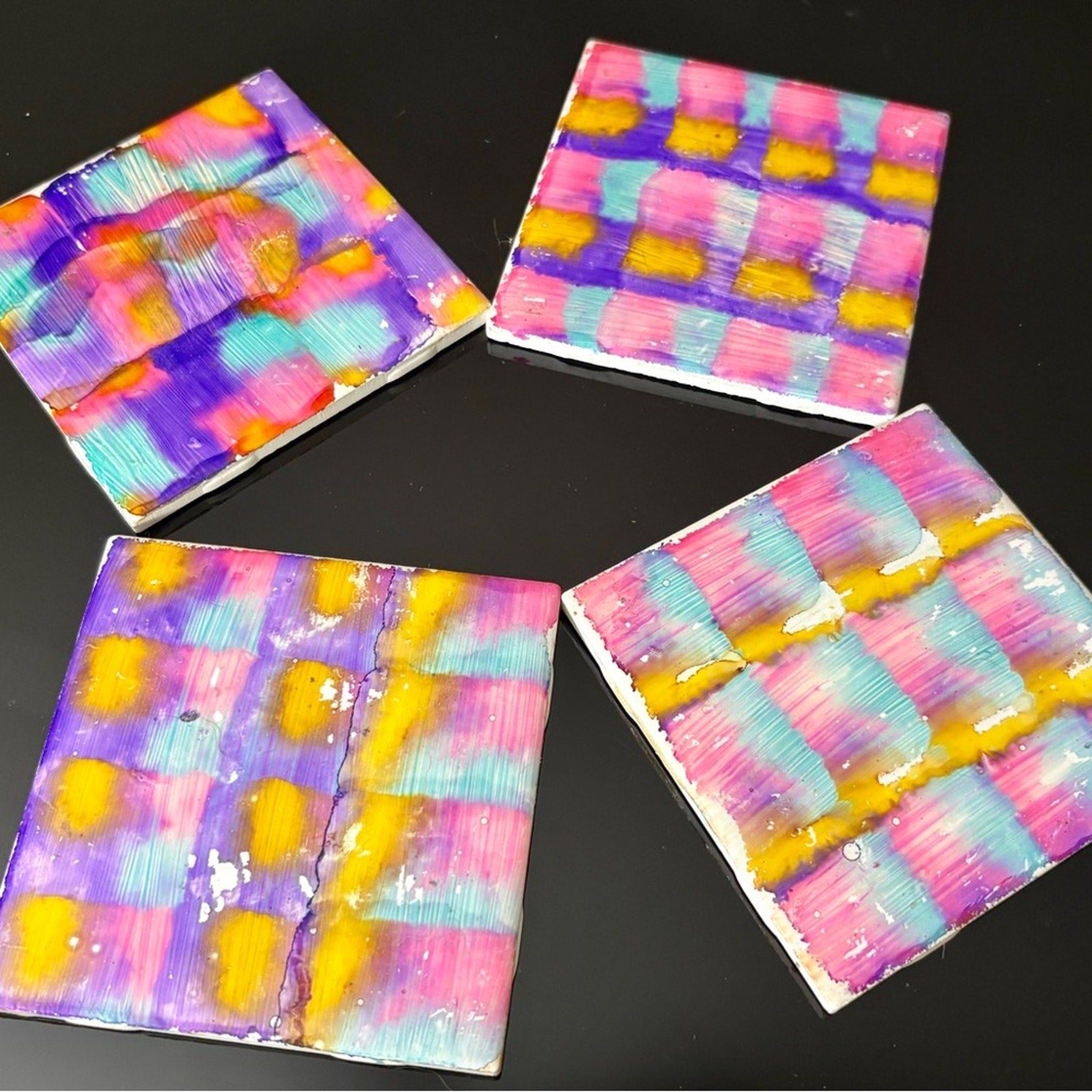 🌈 Handmade Checkered Alcohol Ink Coaster Set  Vibrant Colorful Art Set of 4 🌈