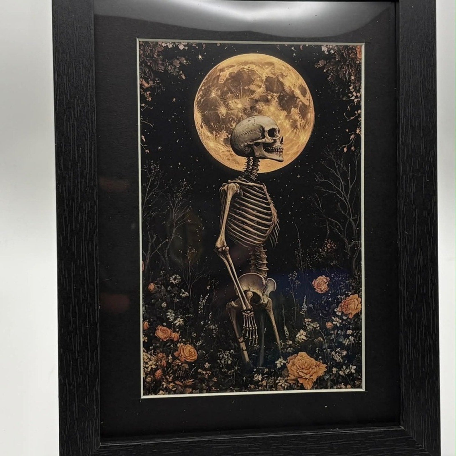🌕🦴🌹 Skeleton & Full Moon Floral Art – Framed Gothic Wall Décor