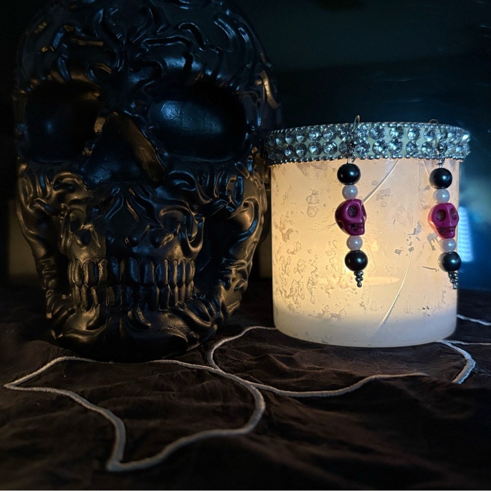 Handmade Pink Skull Beaded Earrings – Gothic, Punk, Alt Style