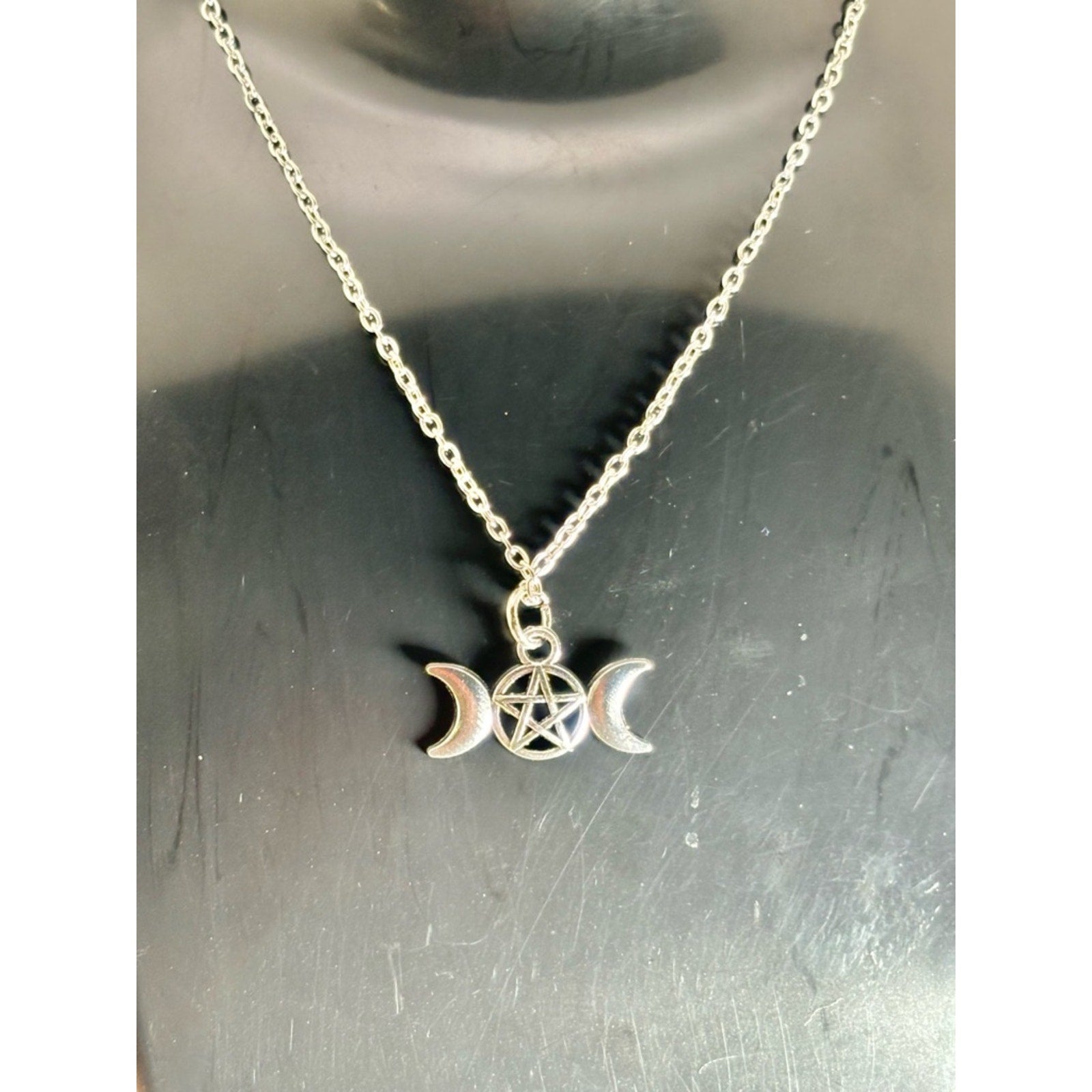 Triple Moon Pentacle Necklace Silver Tone | Wicca Pagan Witchy Celestial Jewelry