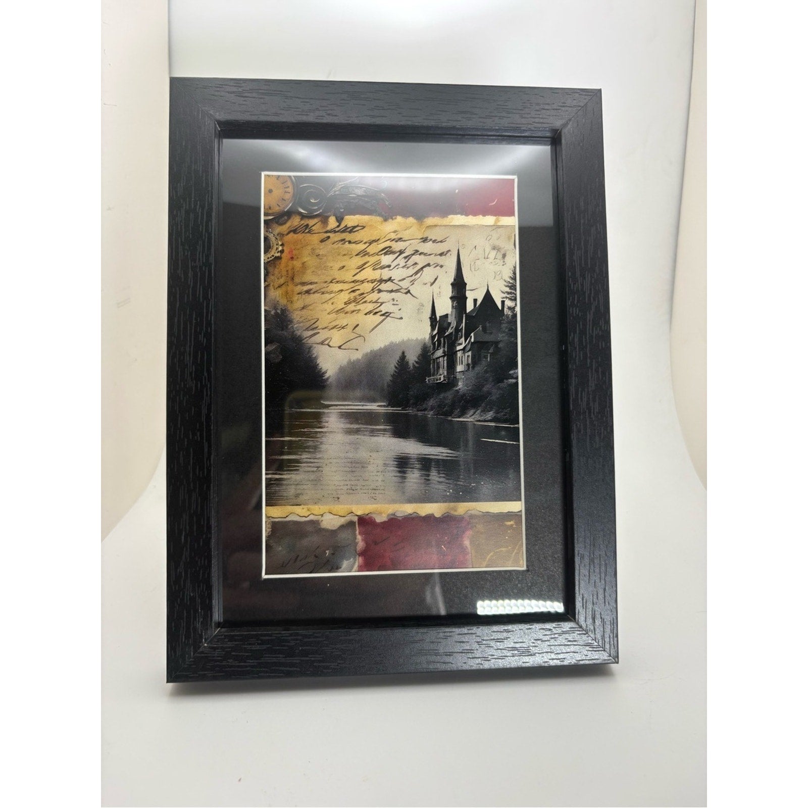 Haunted Lakeside Castle Art Print – Framed 5x7 Gothic Dark Academia Decor