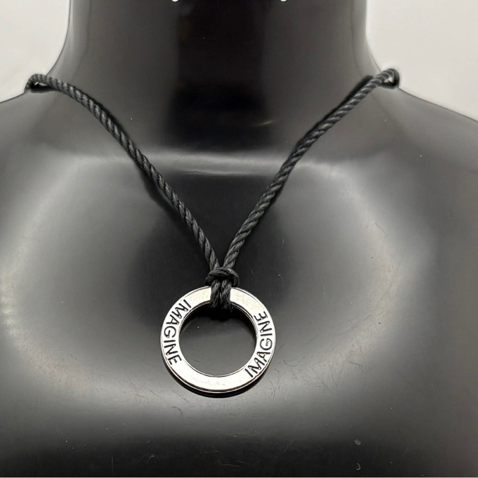 Imagine Circle Pendant Necklace – Inspirational Word Necklace on Black Cord