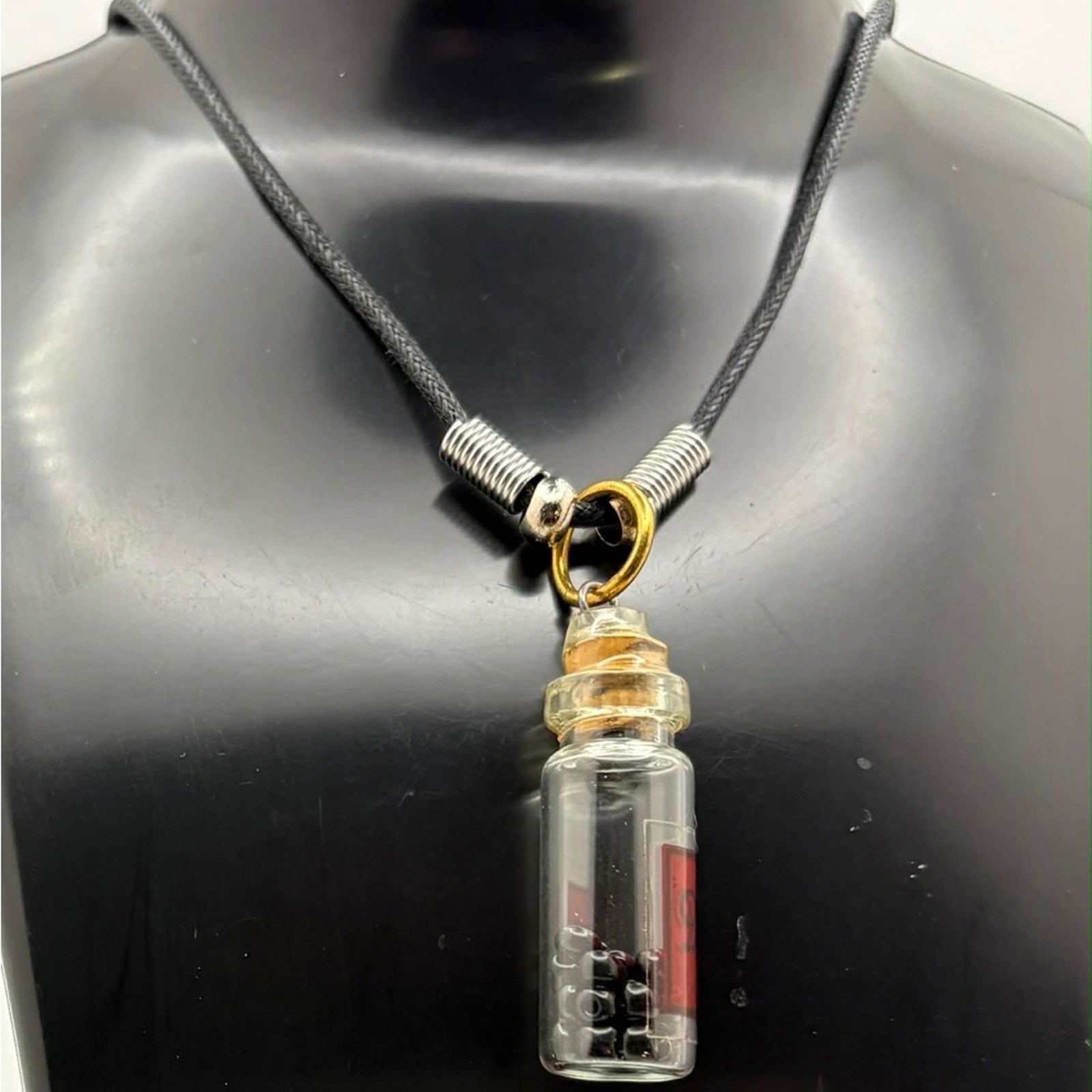 Glass Bottle Pendant Necklace – Mini Vial Charm Necklace on Black Cord