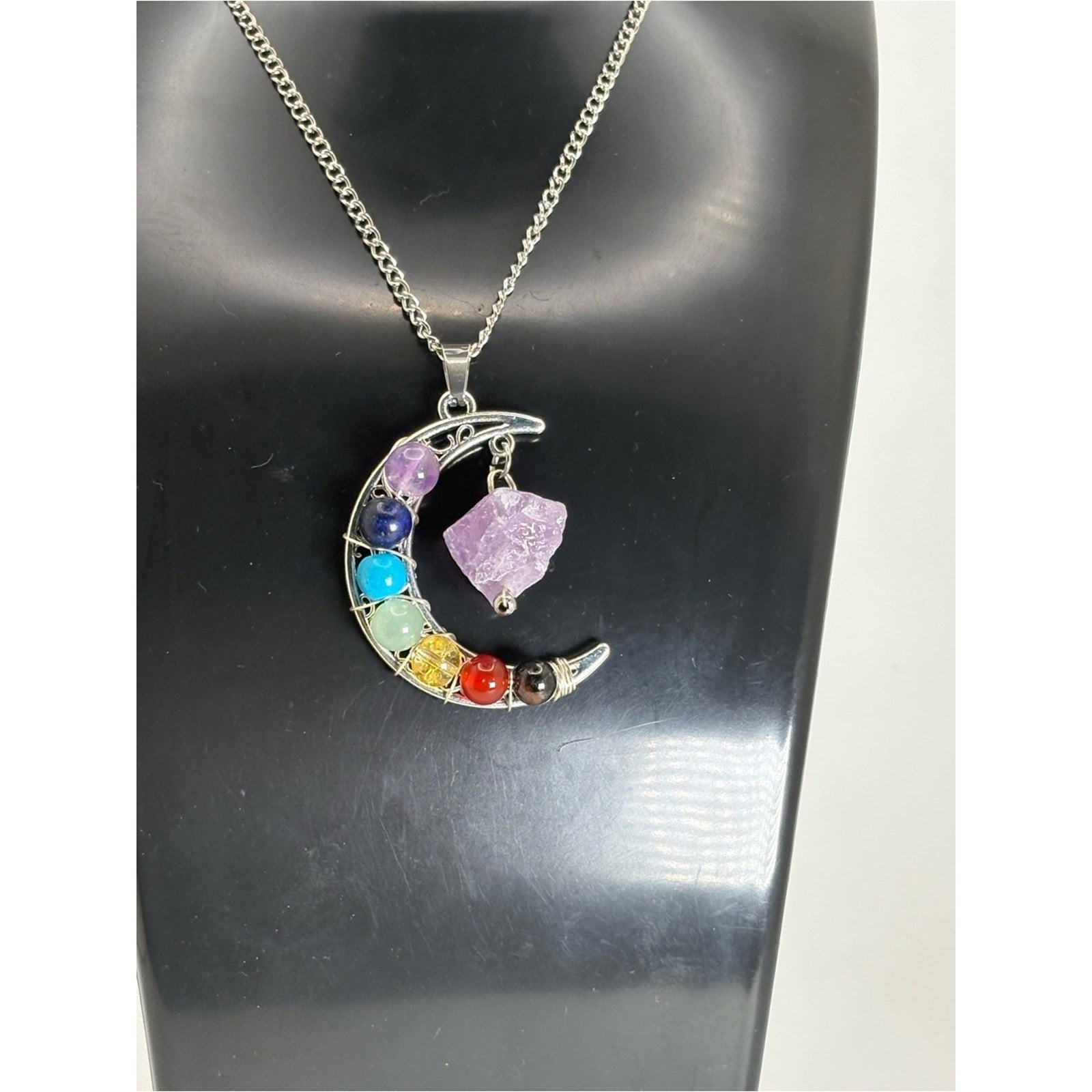 Chakra Crescent Moon Necklace | Amethyst Crystal Pendant