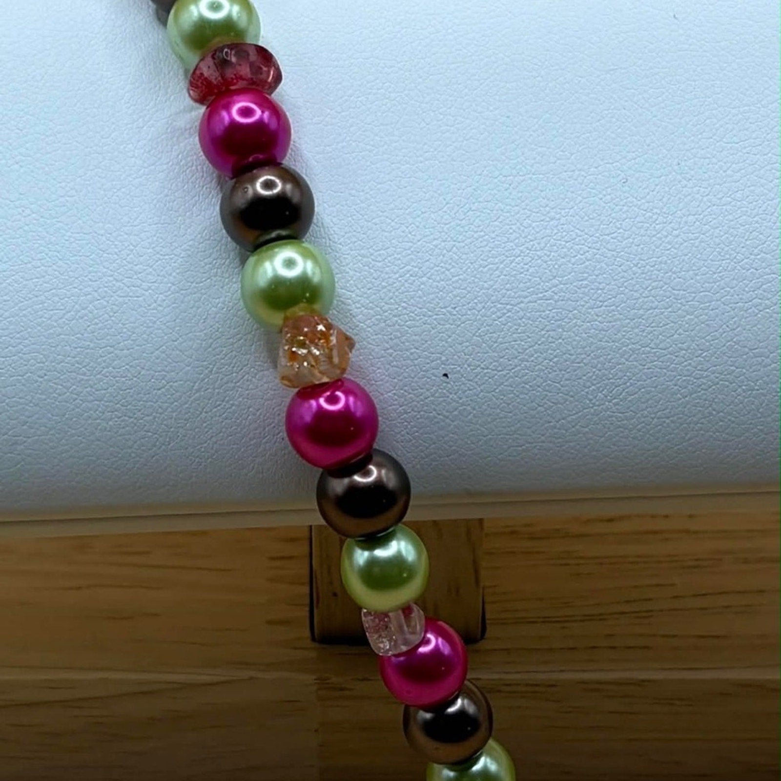 Handmade Pink, Green & Brown Beaded Bracelet with “Handmade” Charm
