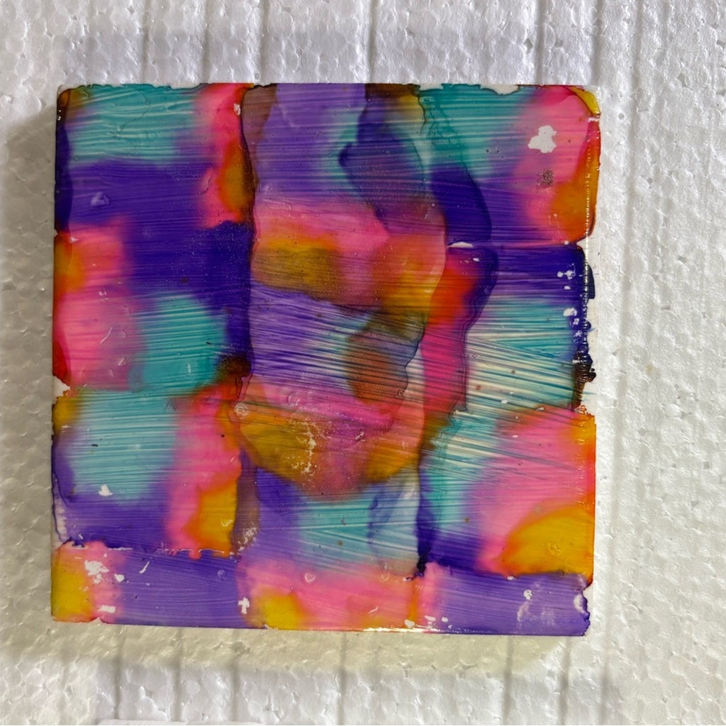 🌈 Handmade Checkered Alcohol Ink Coaster Set  Vibrant Colorful Art Set of 4 🌈