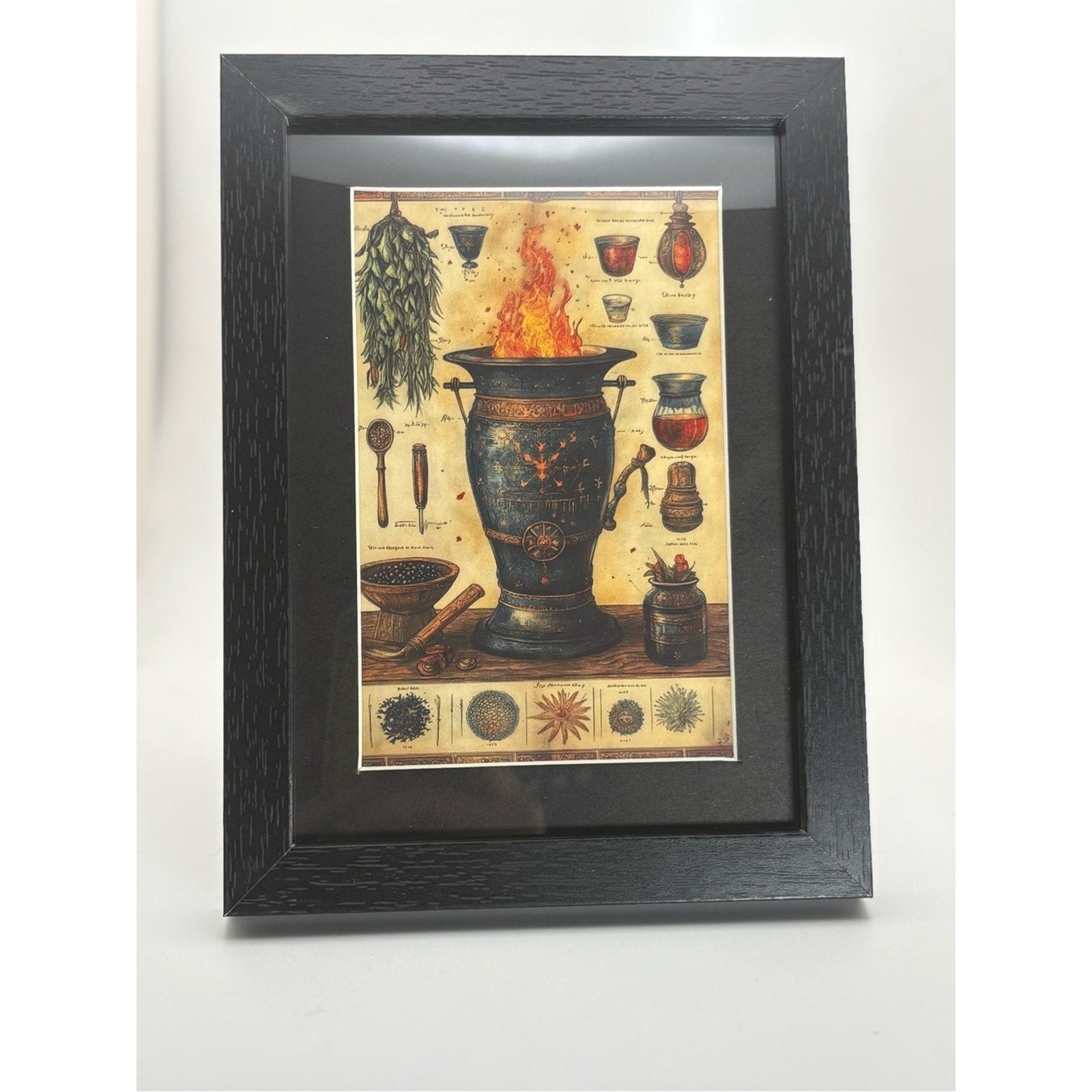 Vintage Apothecary Illustration in Black Wood Frame - Fire Urn Artwork